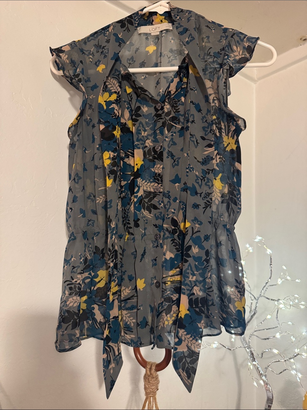 LOFT Sheer Floral Tie-Neck Blouse in Slate Blue and Yellow